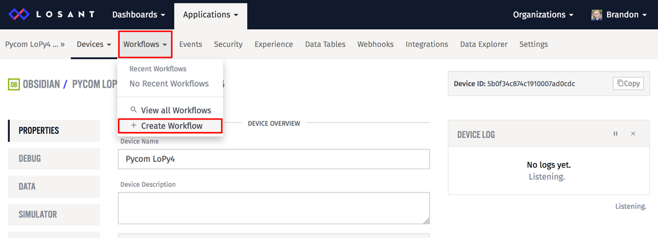 Losant create workflow menu