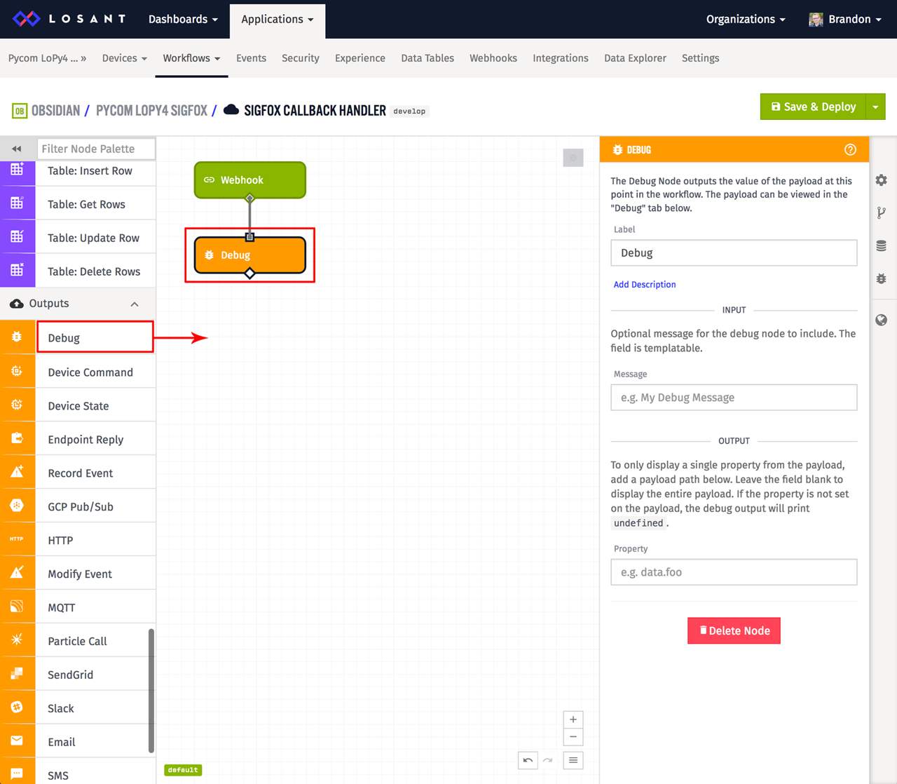 Losant debug node