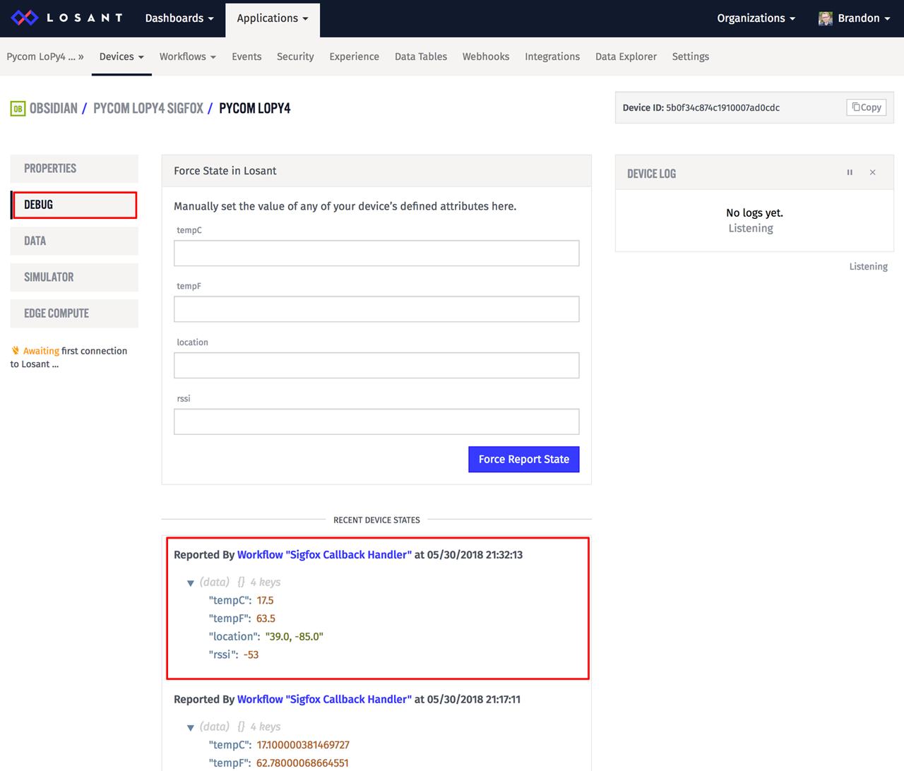 Losant device debug page