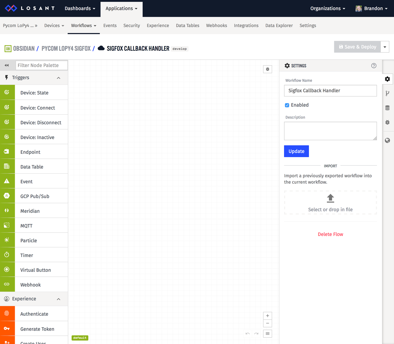 Empty Losant workflow canvas