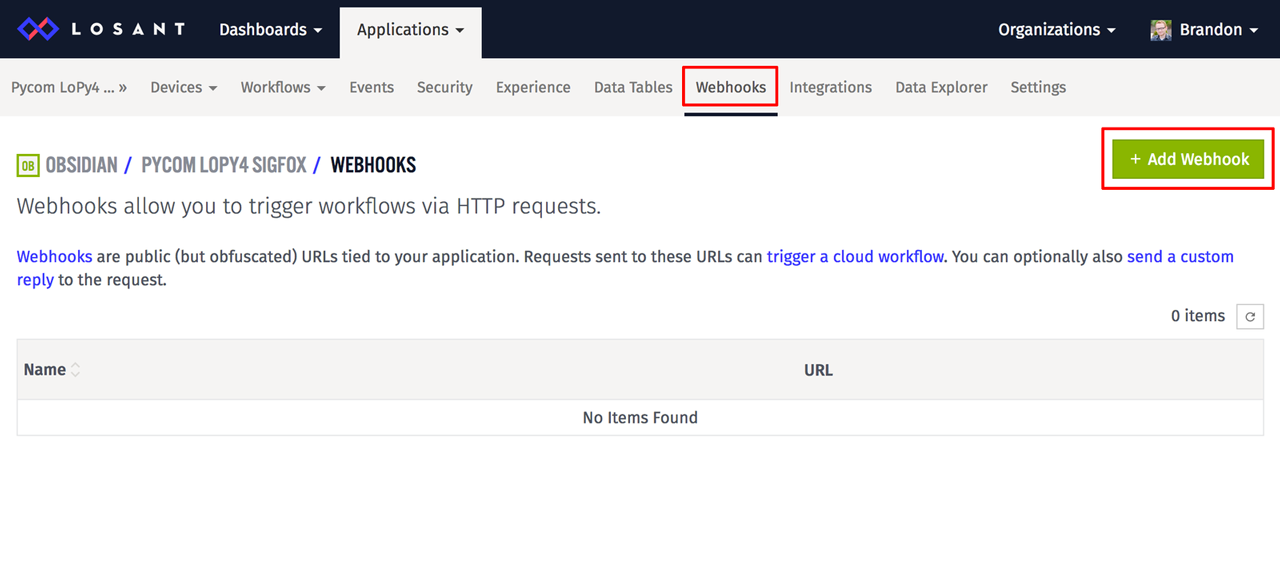Losant webhooks menu