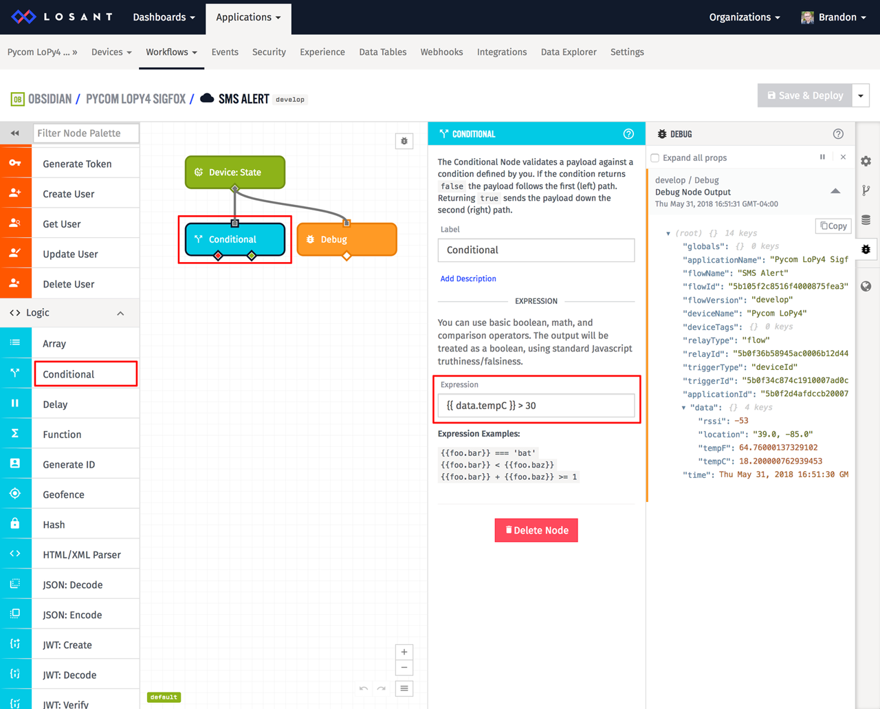 Losant workflow conditional node