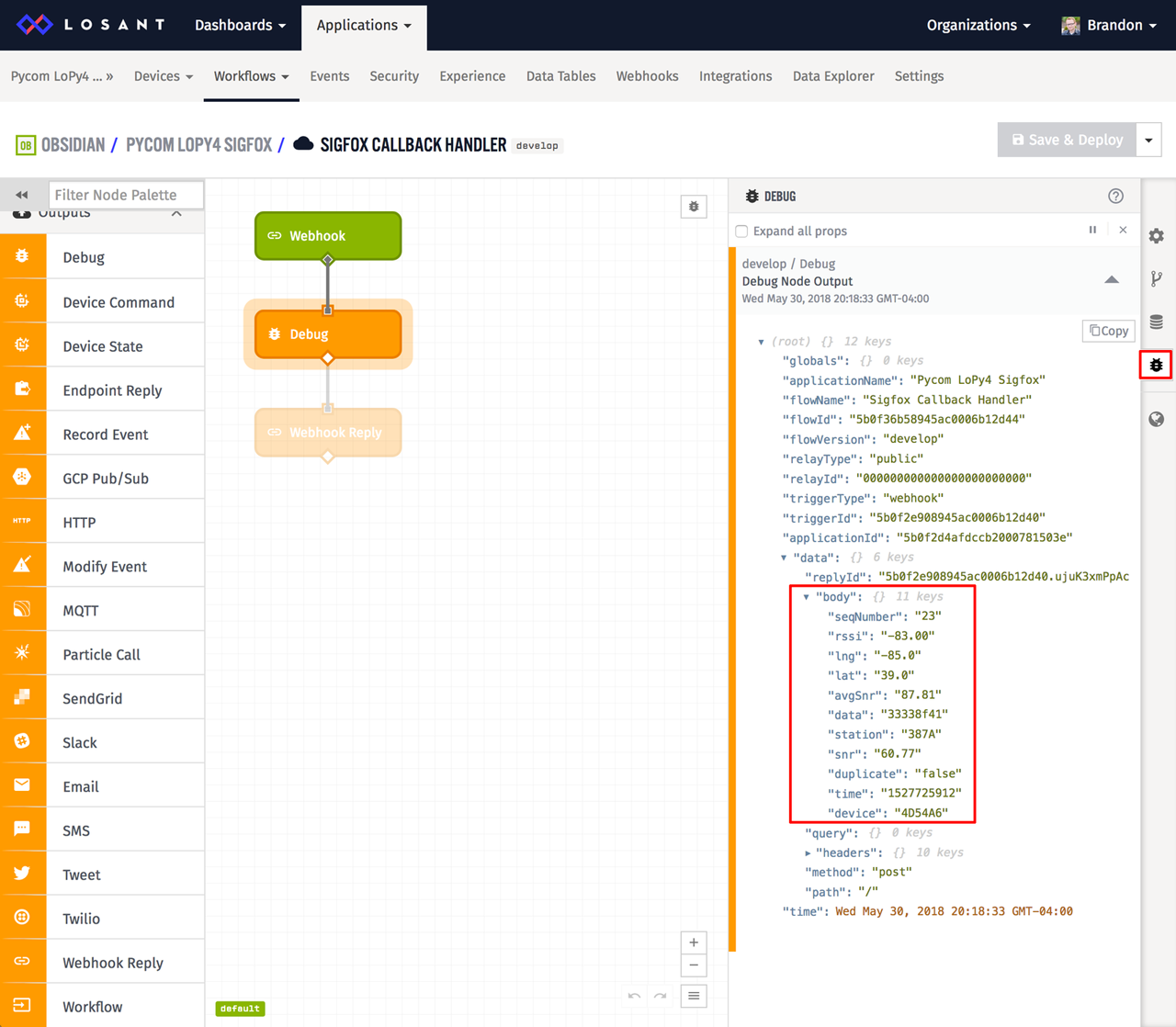 Losant workflow debug output from Sigfox