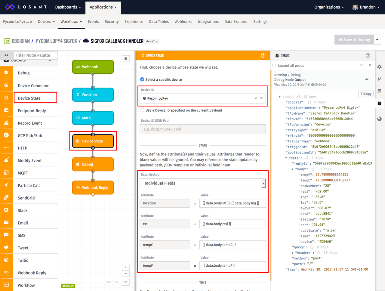 Losant workflow device state node