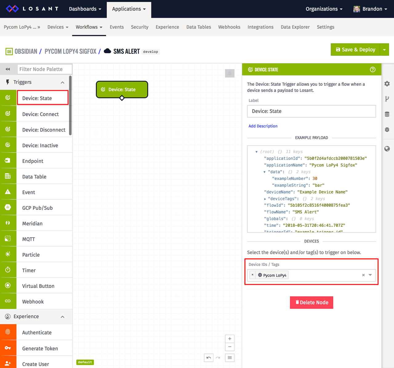 Losant workflow device state trigger