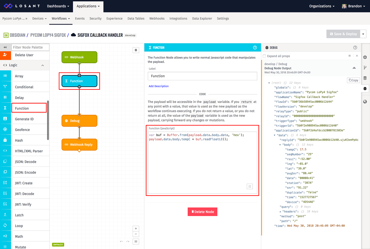 Losant workflow function node parse Sigfox data