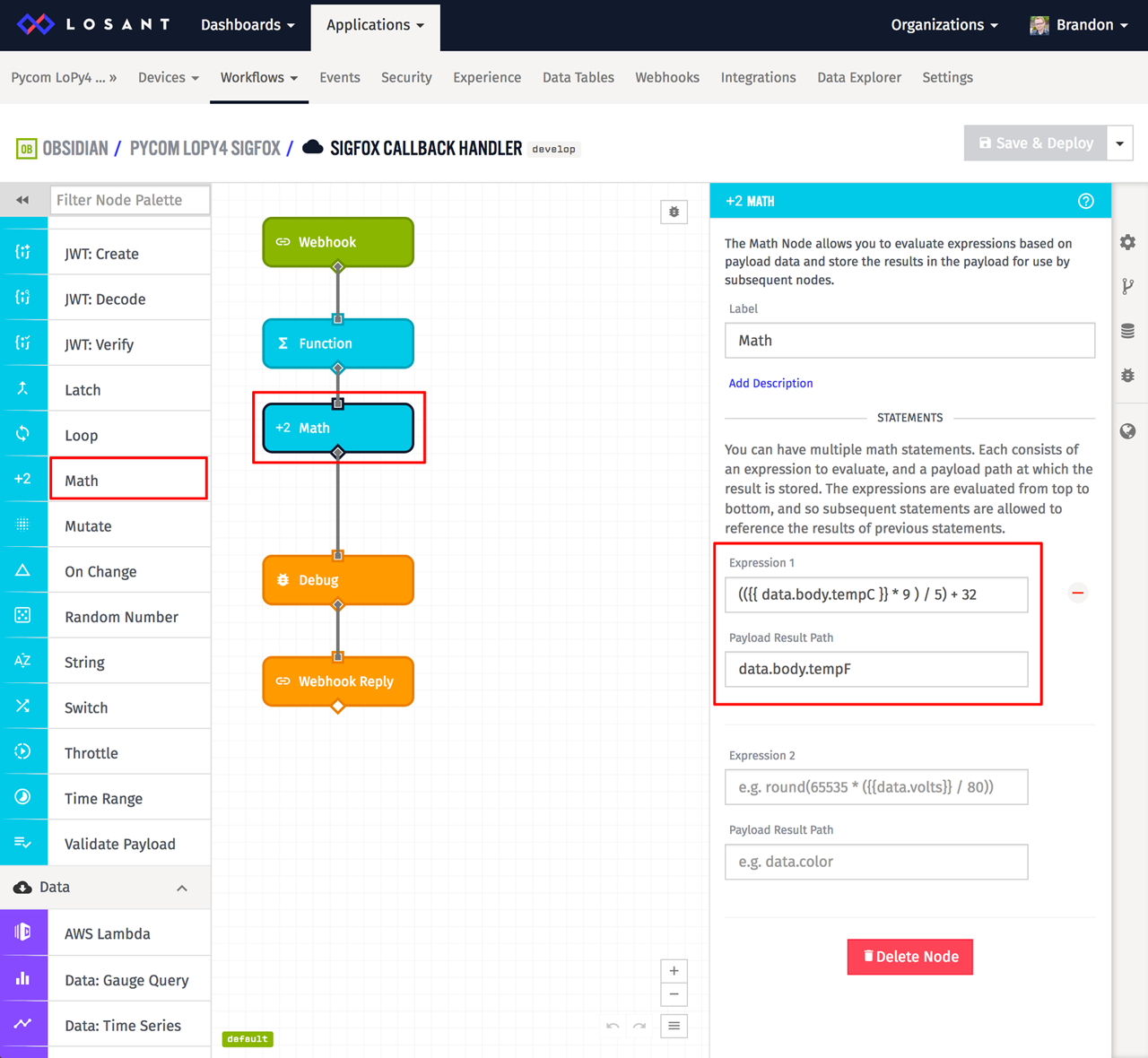 Losant workflow math node convert Celsius to Fahrenheit