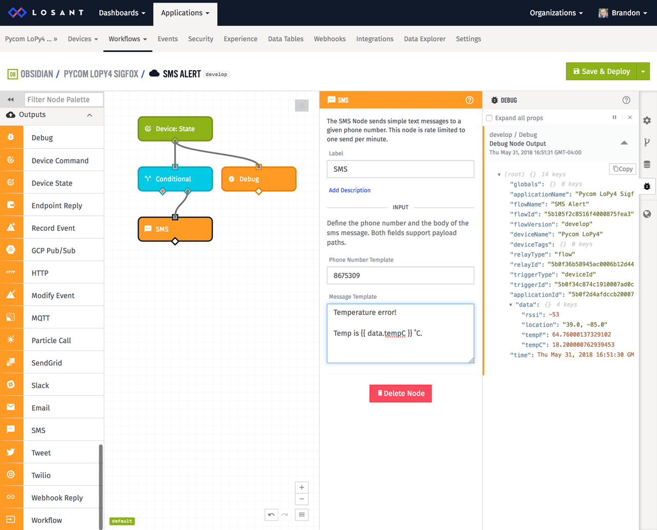 Losant workflow SMS node