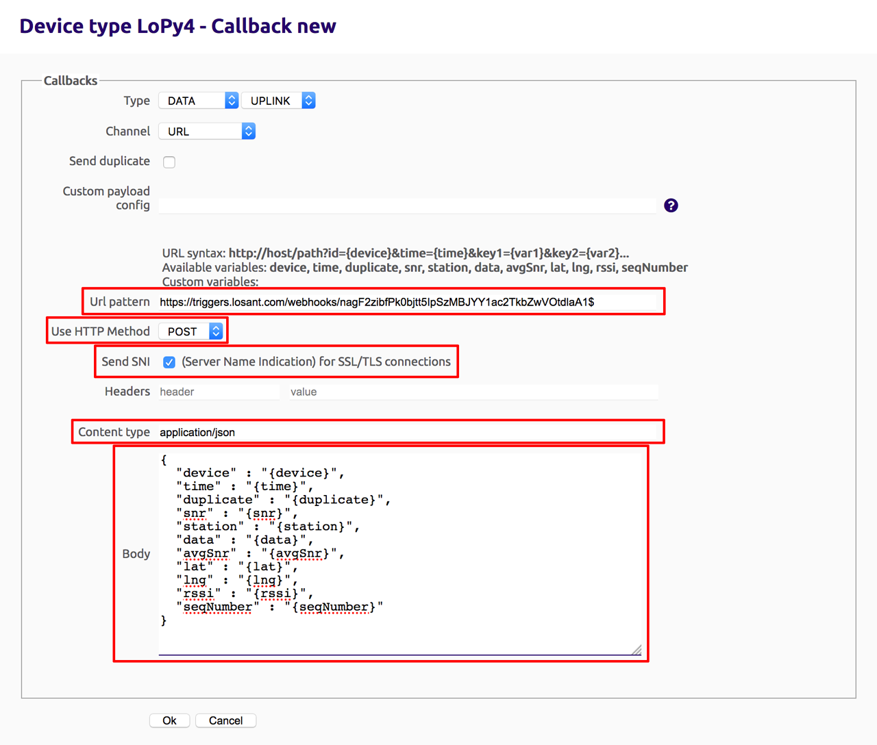 Sigfox custom callback configuration