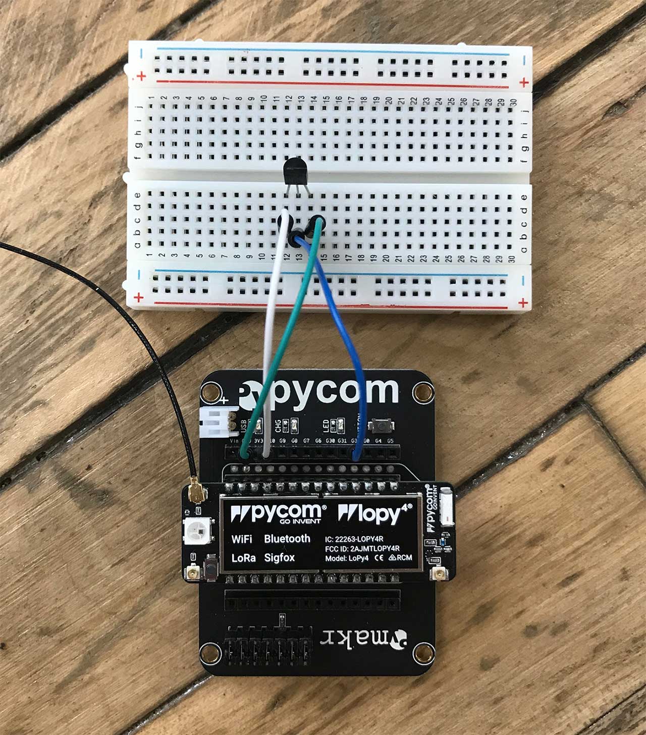 Pycom LoPy4 with TMP36 and breadboard