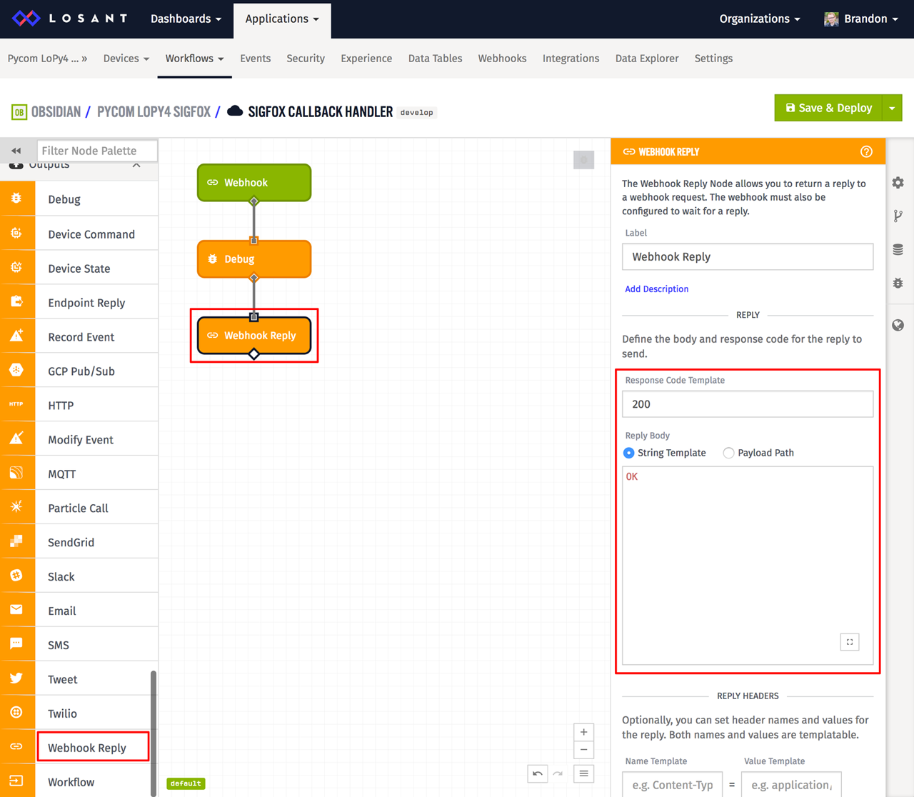 Losant webhook reply node