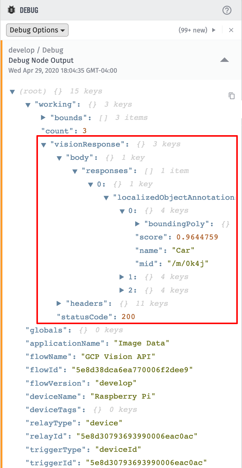 Losant Debug Output Google Vision API