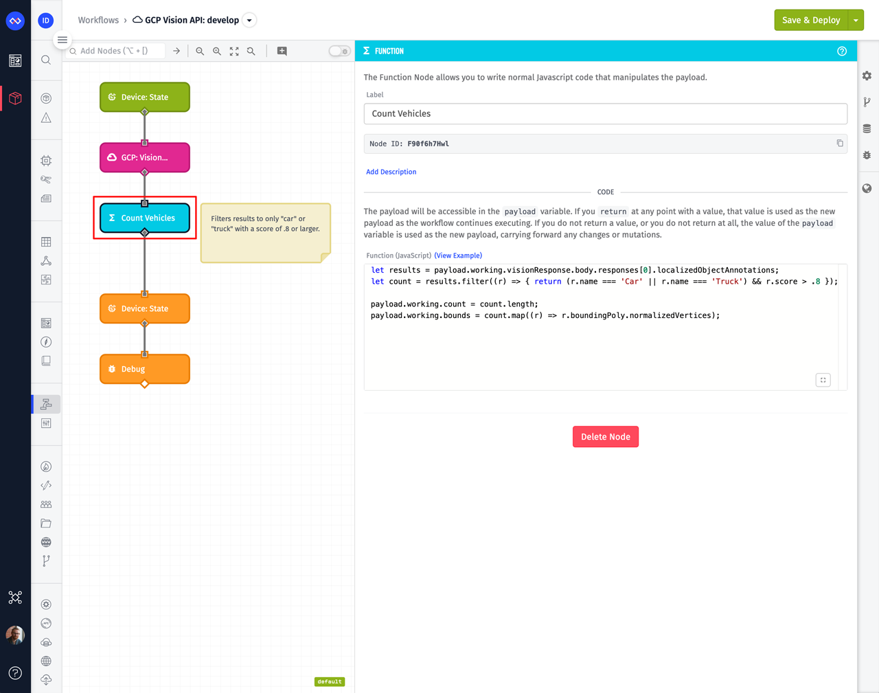 Losant Function Node Filtering Google Vision API Results