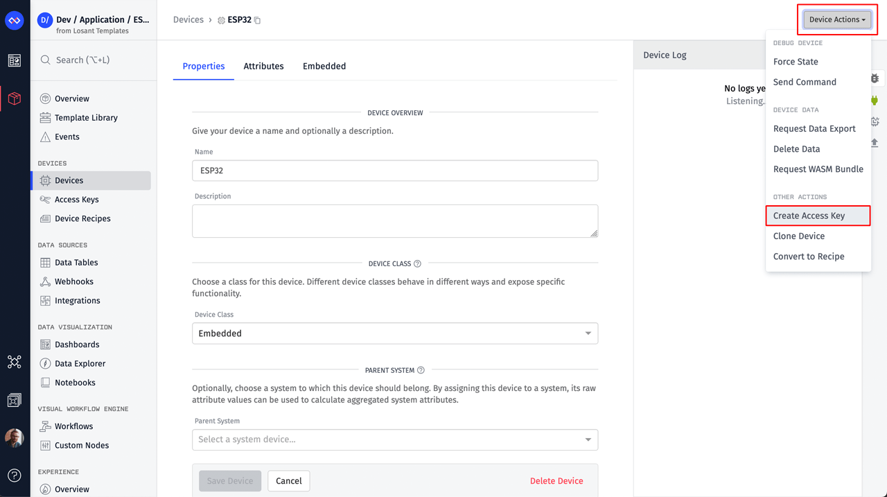 Losant Device Actions Menu