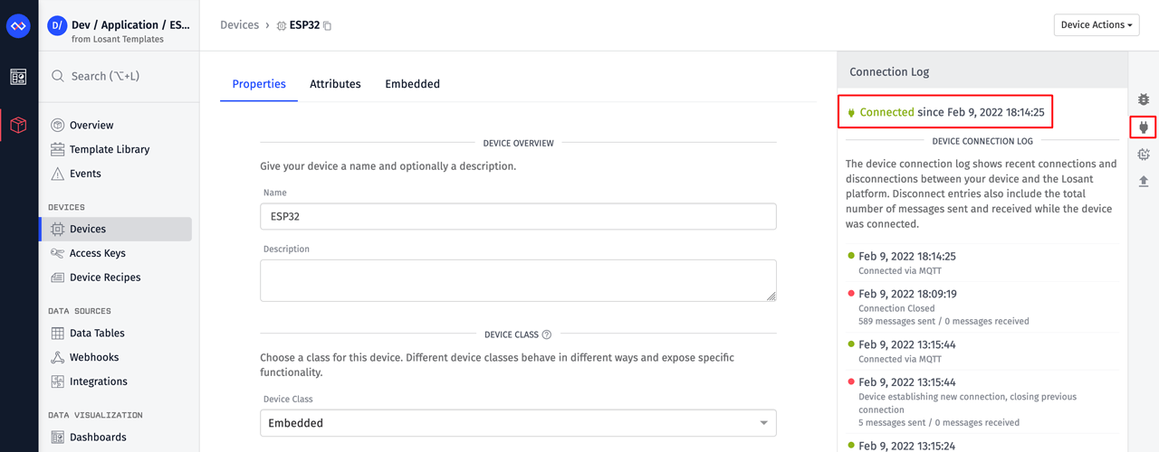 Losant ESP32 Device Connection Log