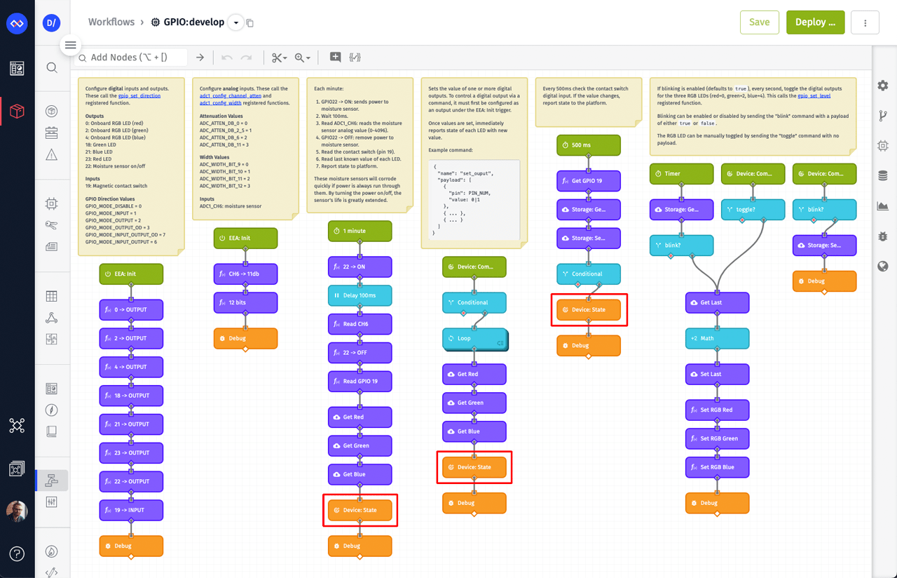 Losant Workflow with Device State Nodes reporting ESP32 GPIO Data