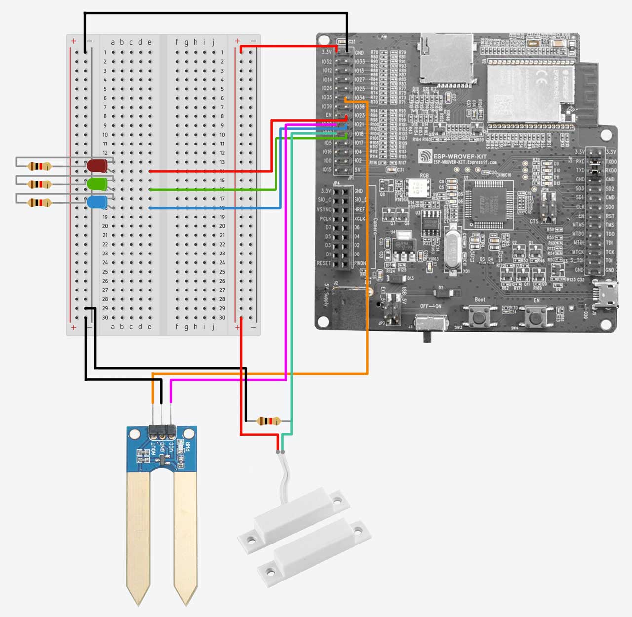 ESP32 Wiring Diagram for LEDs, Moisture Sensor, and Contact Switch