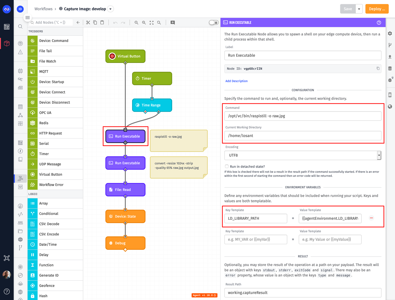 Losant Edge Workflow Executing raspistill