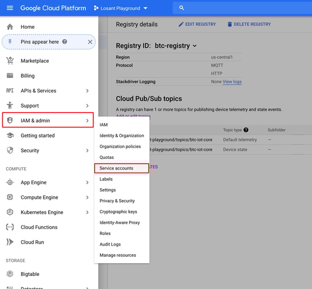 Google Service Accounts Menu