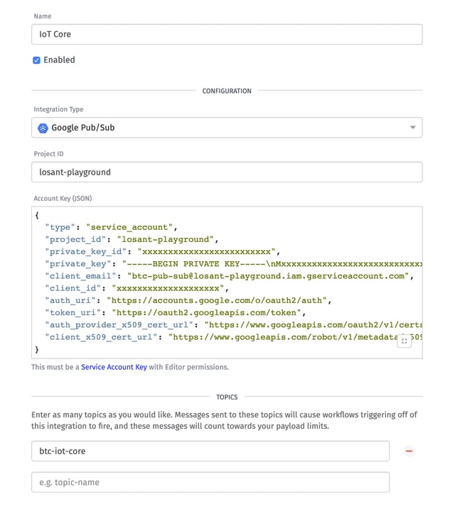 Losant Google Pub/Sub Integration Settings