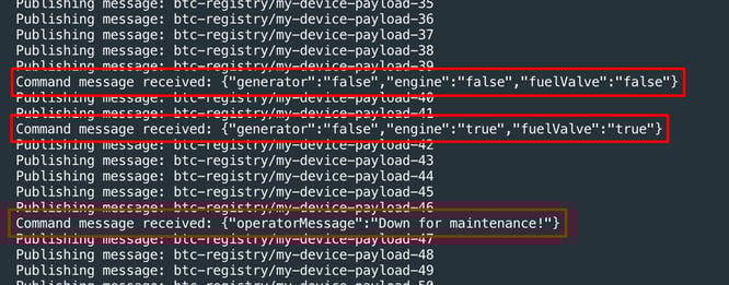Google IoT Core Example MQTT application with commands highlighted