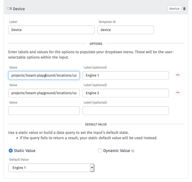 Losant Input Controls dropdown configuration