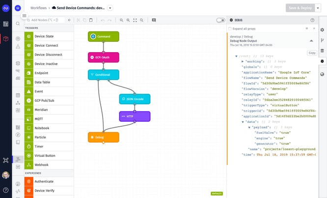 Losant Workflow that sends commands to Google Cloud IoT Core devices
