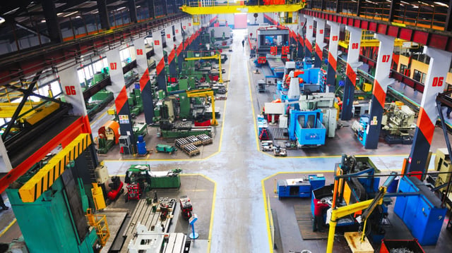 This is an aerial view of a manufacturing plant floor.