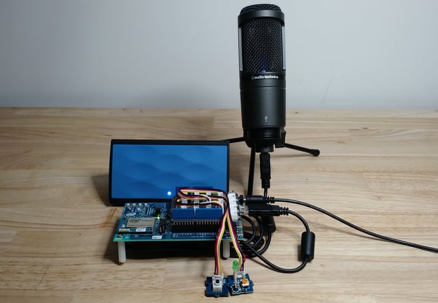 Oontz Angle bluetooth speaker and Audio-Technica AT2020 USB microphone connected to Intel Edison.