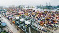 Shipping container in a ship yard