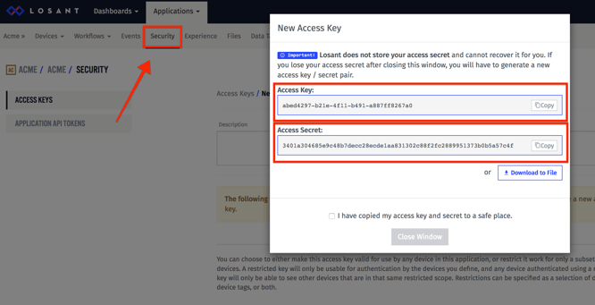 Copy/Paste a Losant Access Key and Secret