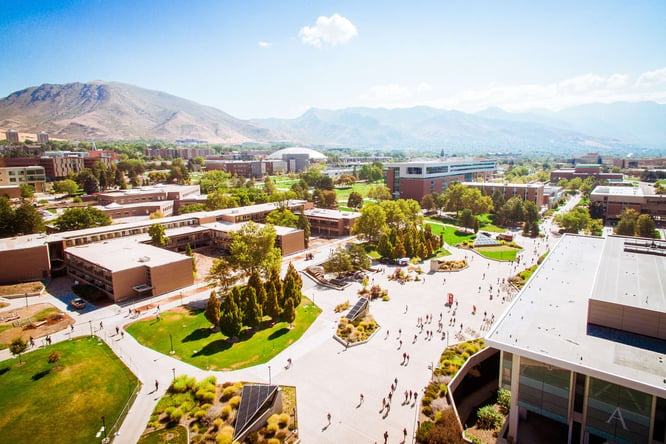 Sunny Aerial view of Office Campus with Mountains in the background.