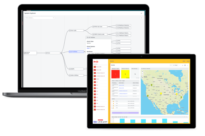 Two screens of Losant IoT platform using the Feature Systems