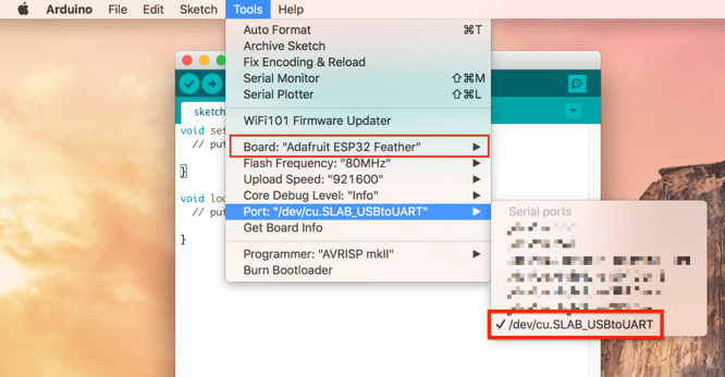 Selecting the ESP32 Arduino Port in the Arduino IDE