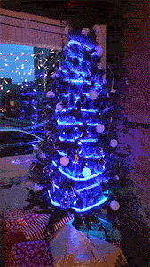 Christmas tree lit up with 1,200 LED bulbs showing a warpcore animation.