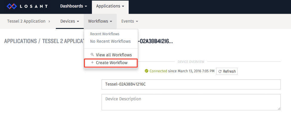 Creating a Workflow in Losant IoT platform.