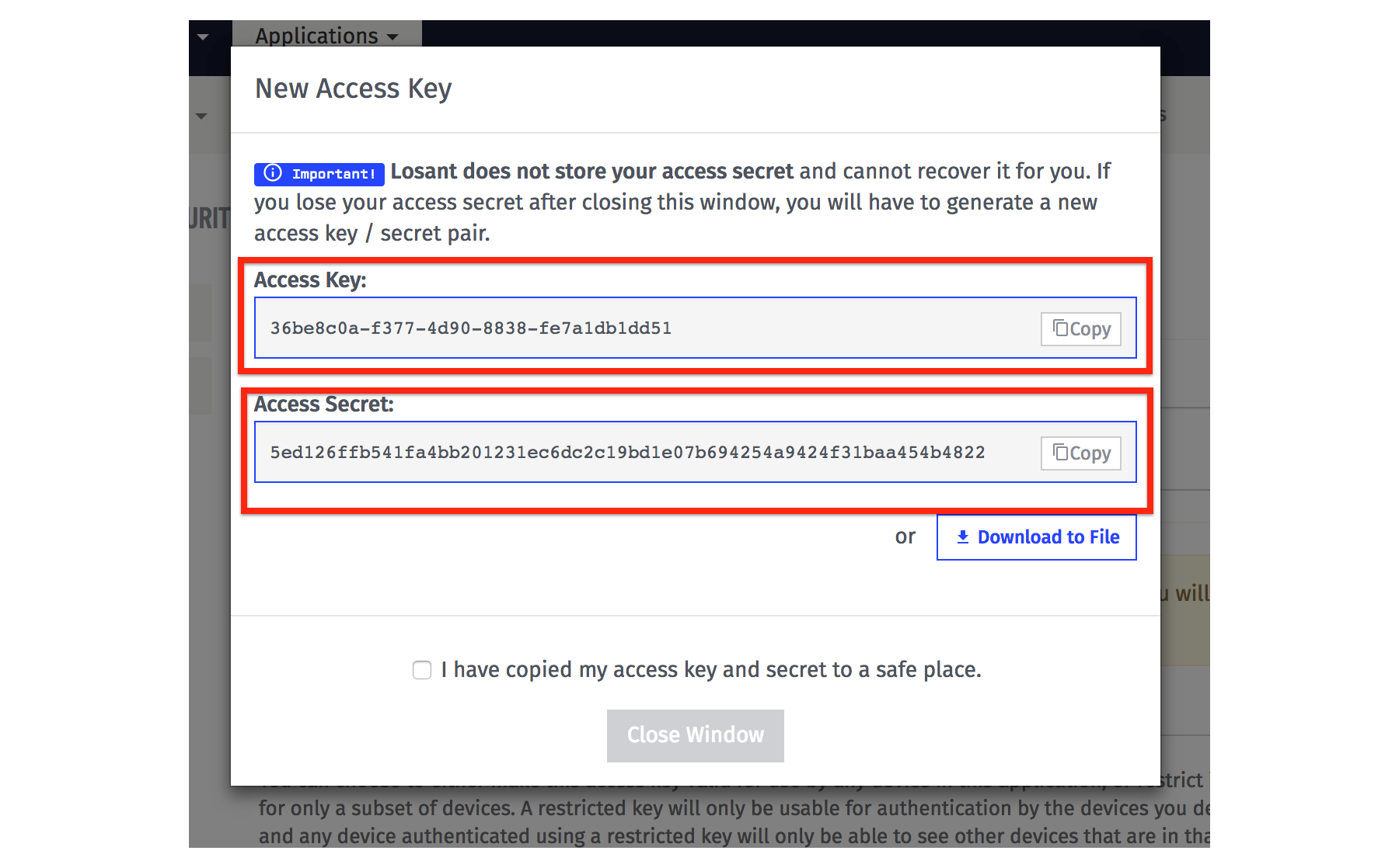 losant-iot-access-key-secret