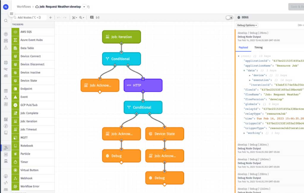 Losant platform workflow showing resource jobs