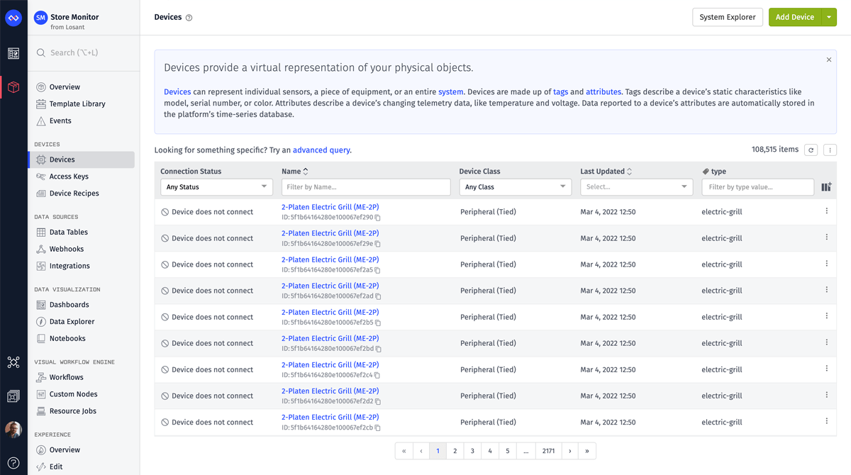 Losant Device list with powerful querying & filtering