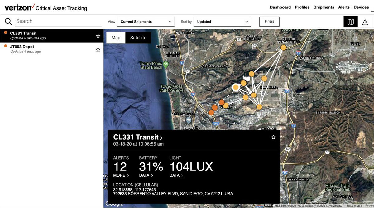 Verizon Critical Asset Tracking Screen